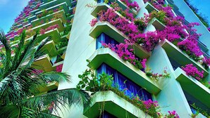 Ein Hochhaus-Hotel mit Balkonen, die mit rosa Blumen geschmückt sind, strahlend blauer Himmel und Palmen.