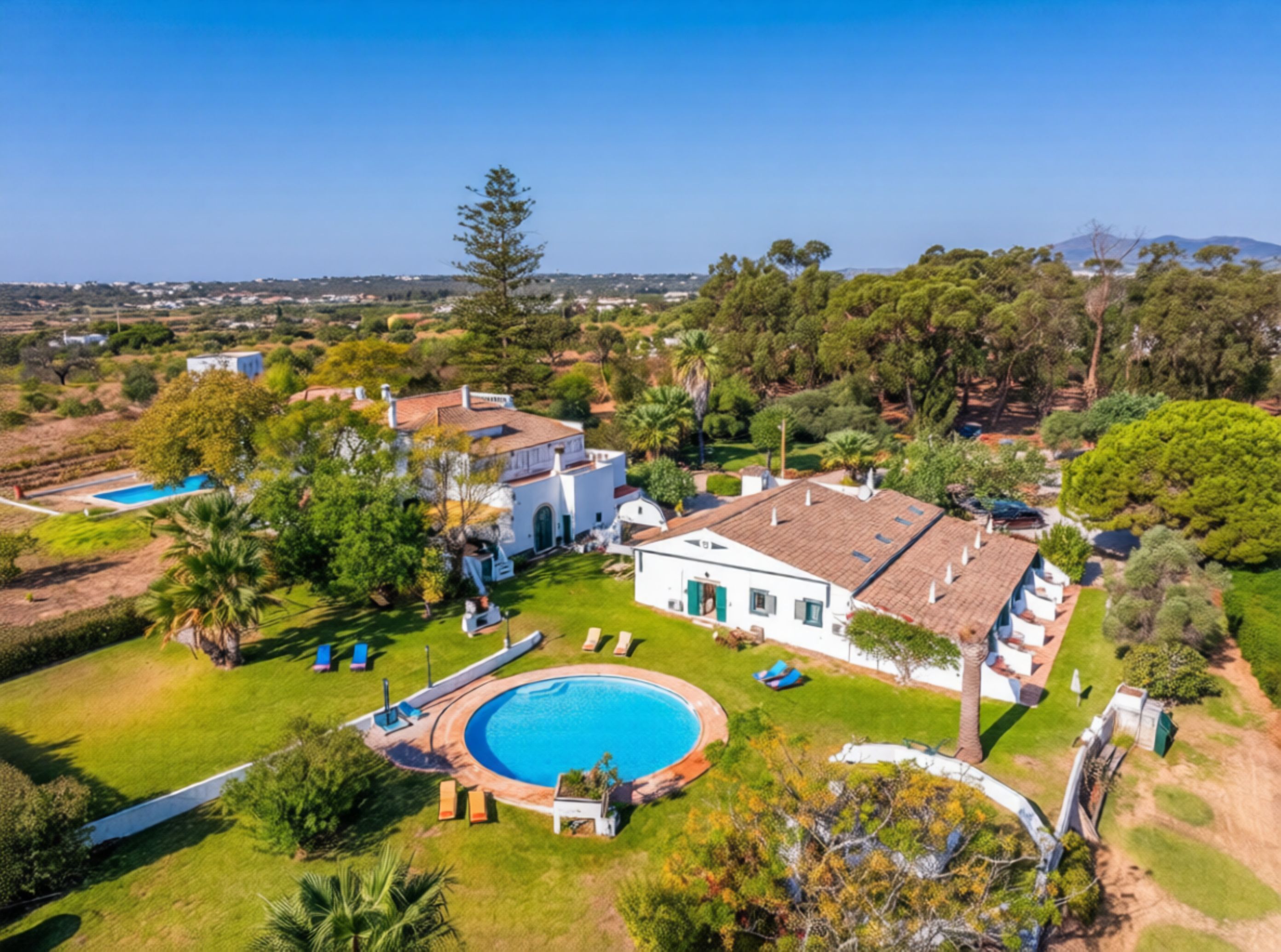 An aerial view of a residential property with a swimming pool, a large house, and surrounding greenery.