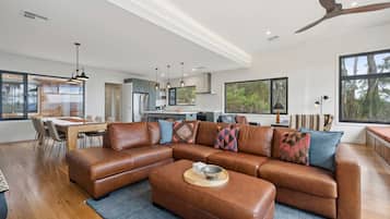 Smart TV, fireplace, table football, books
