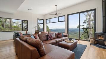 Smart TV, fireplace, table football, books