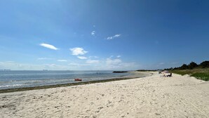 Une vaste plage de sable fin, sous un ciel bleu dégagé et une mer calme.