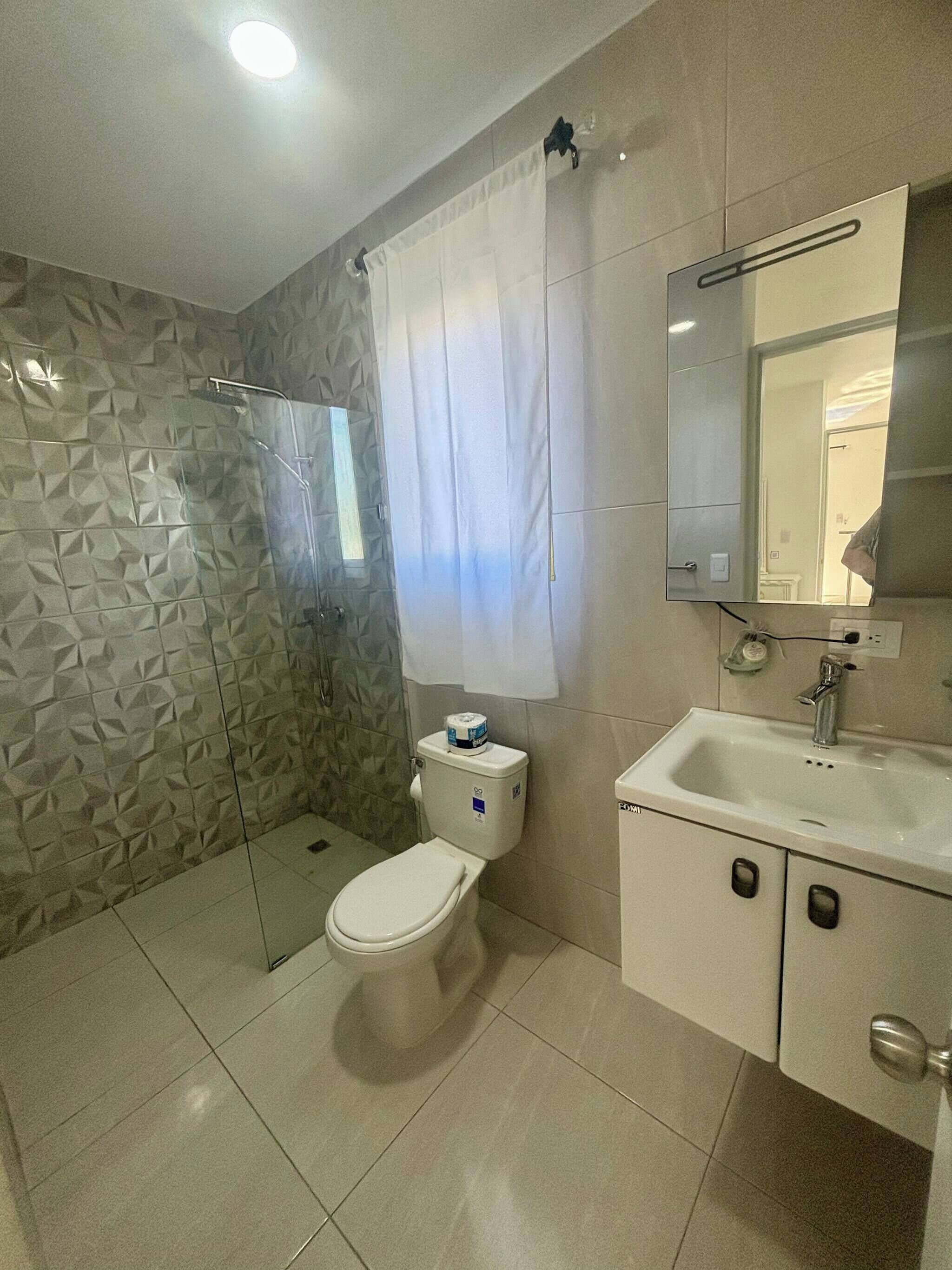 Un baño con inodoro, ducha, lavabo y espejo.