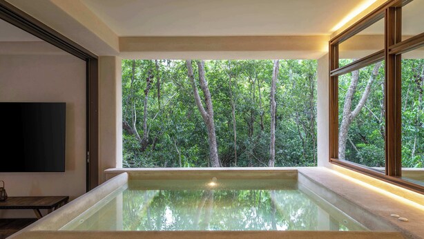 Un baño moderno con una bañera grande, un televisor de pantalla plana y vistas a un bosque a través de ventanas amplias.