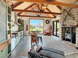Un vaste espace de vie comprenant une cuisine, une cheminée en pierre et une vue sur l’extérieur.