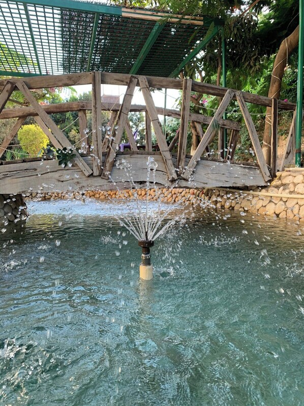 A wooden bridge over a clear water feature with a fountain in the center.