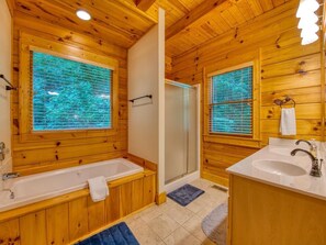 Shower, hair dryer, towels - Hickory Ridge Getaway | Log Cabin with Hot Tub, Fire Pit, & Game Room Near Maggie Valley (Maggie Valley)