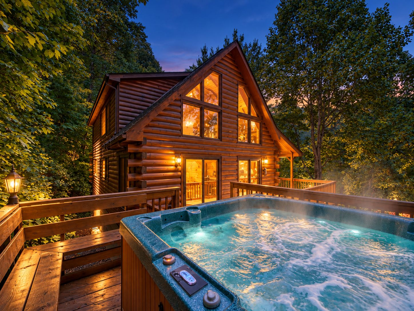 Una cabaña de madera con jacuzzi y terraza.