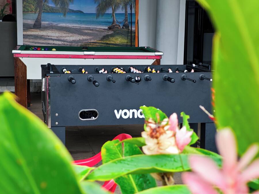Una mesa de fútbol de mesa con el logotipo 'VONDE', una mesa de billar con un paisaje de playa y una flor en primer plano.