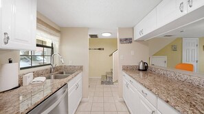 A kitchen with white cabinets, granite countertops, a stainless steel sink, and a window with blinds. - Horizon South Resort -  Relaxation Awaits! (Panama City Beach)