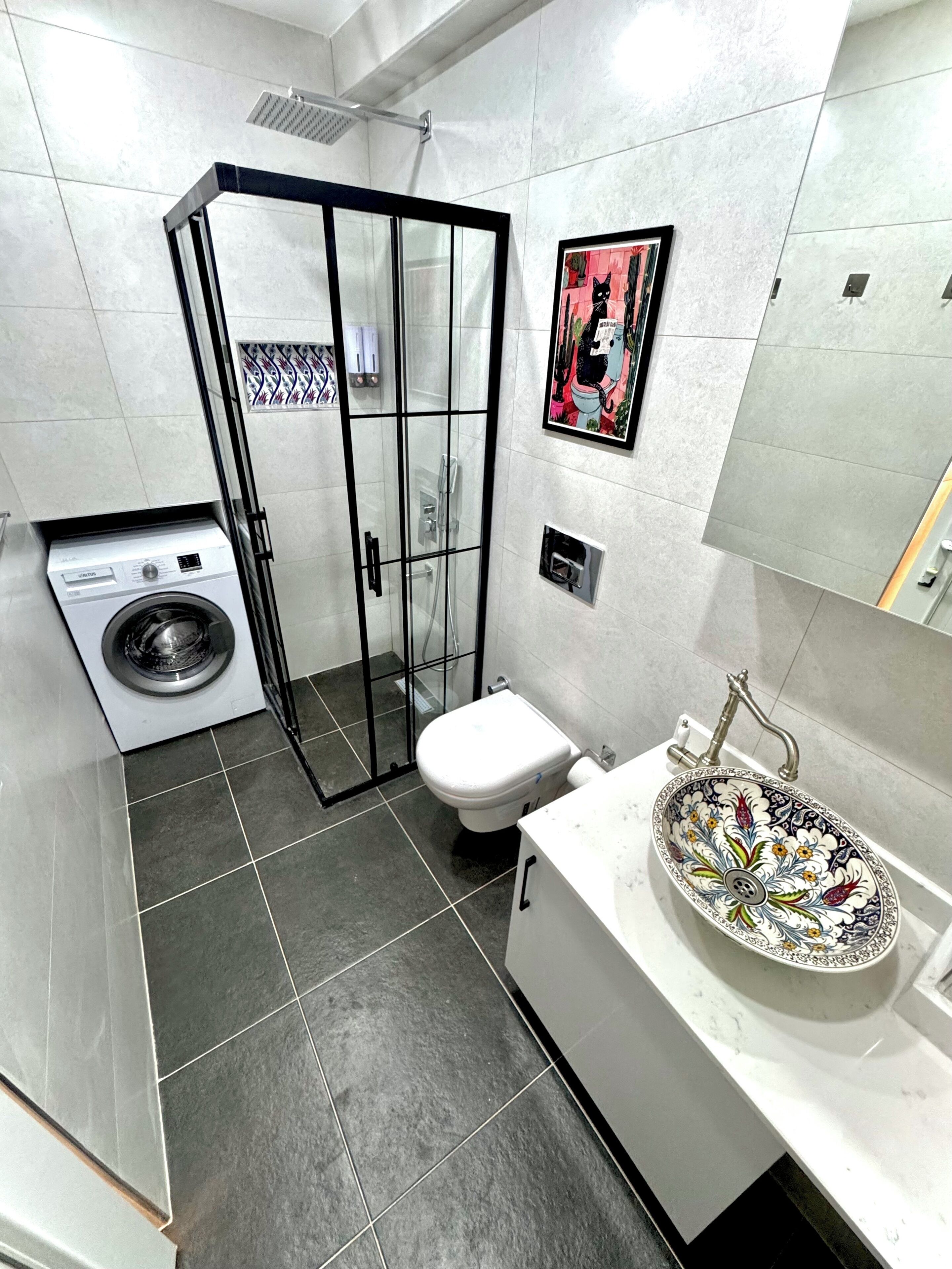 Shower, hair dryer, bidet, towels