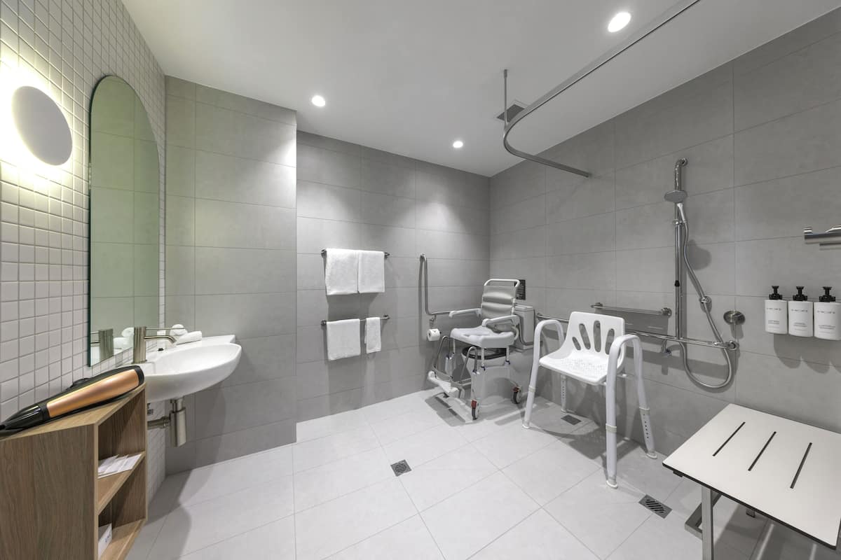 Shower, free toiletries, hair dryer, towels