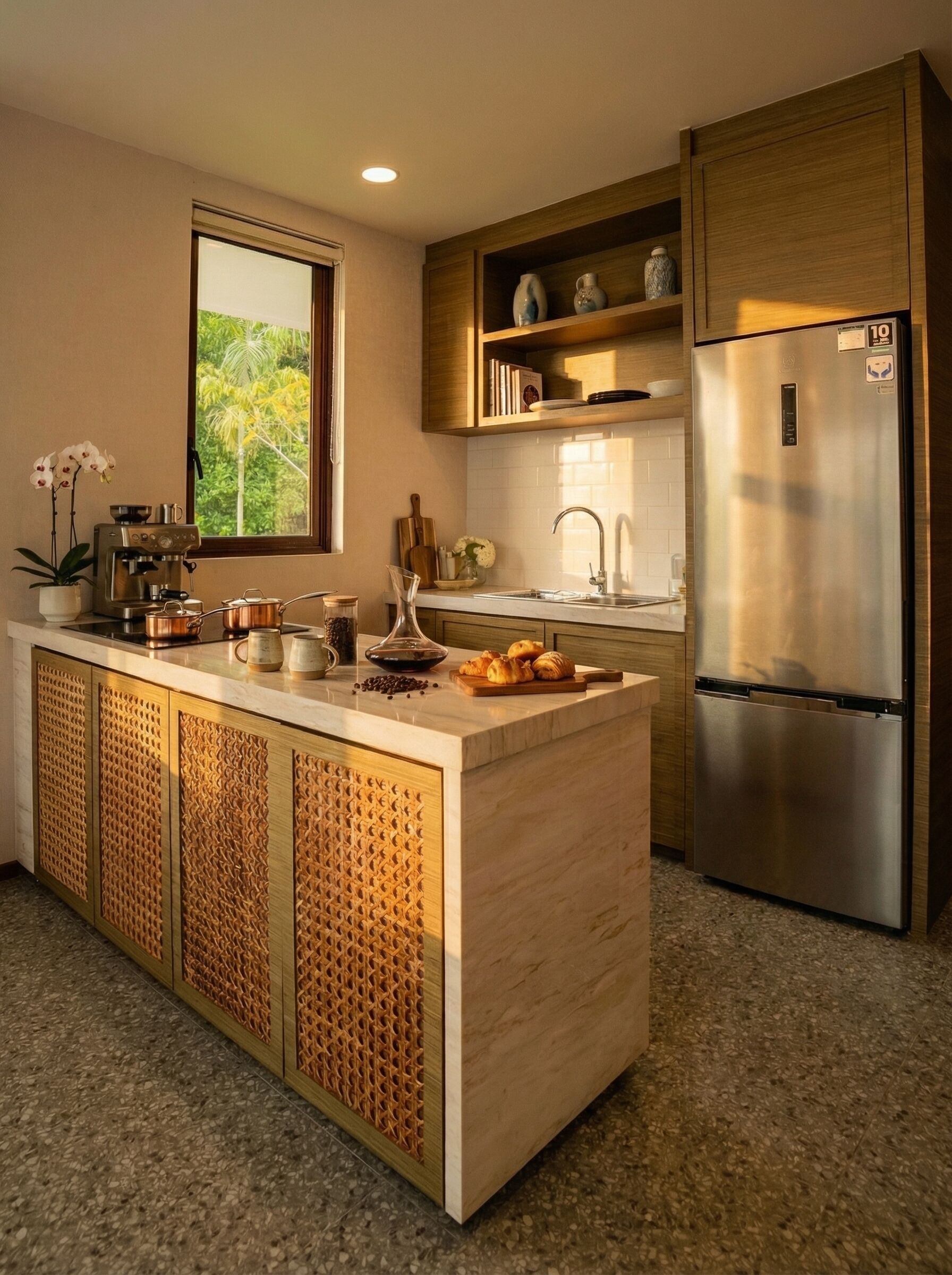 A modern kitchen with a central island, stainless steel appliances, and a window with a view of greenery.