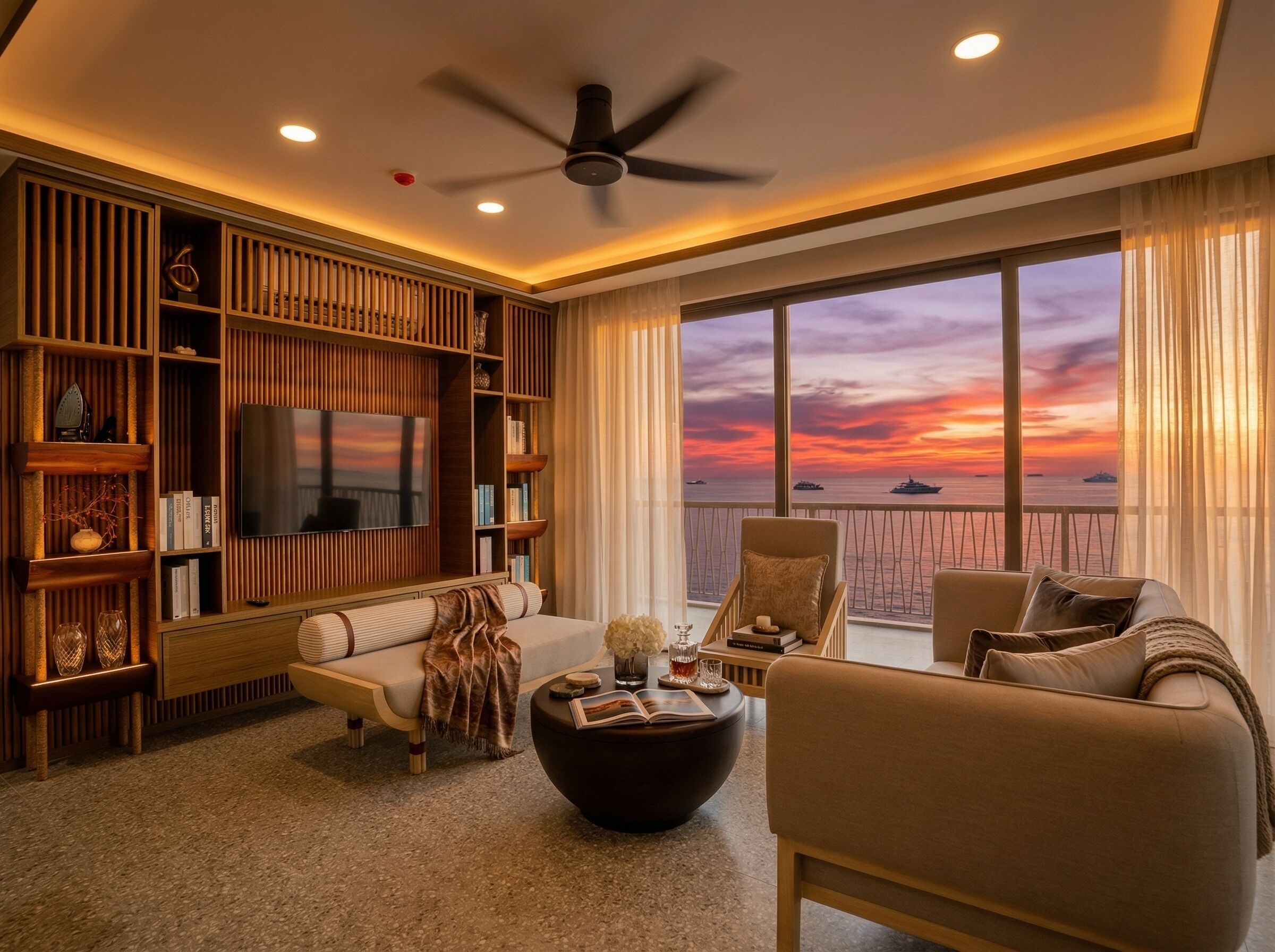 A modern living room with a large TV, bookshelves, a sofa, and a view of the sunset over the water.