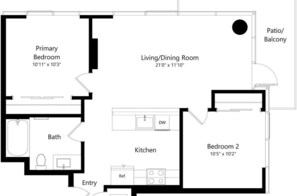 Un plan d’étage comprenant une chambre principale, un salon/salle à manger, une salle de bain, une cuisine et un hall d’entrée.