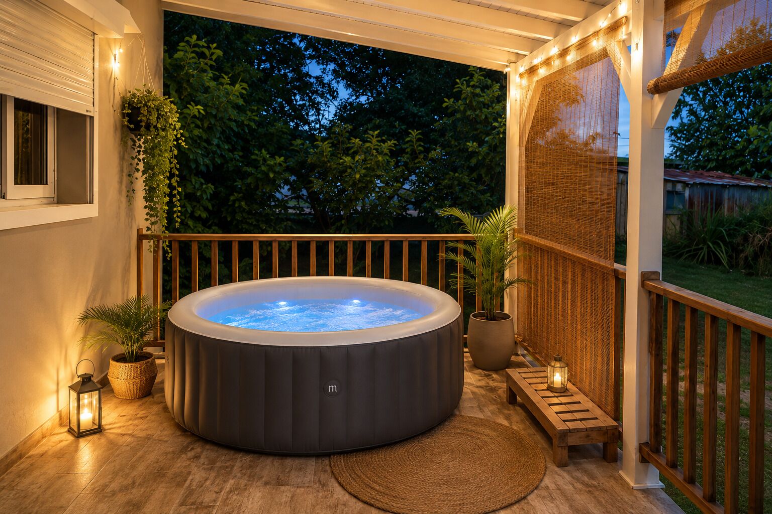 Ein Whirlpool auf einer Holzterrasse mit Geländer, umgeben von Topfpflanzen und einem Laternen.