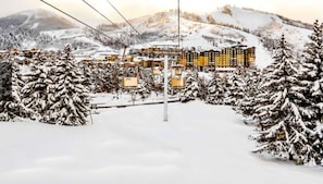 Ein schneebedecktes Resort mit Skilift, Gebäuden und Bäumen.