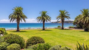 A well-maintained lawn with palm trees and a view of the ocean. - Beachfront 25 The Strand | Moana (Waiheke Island)