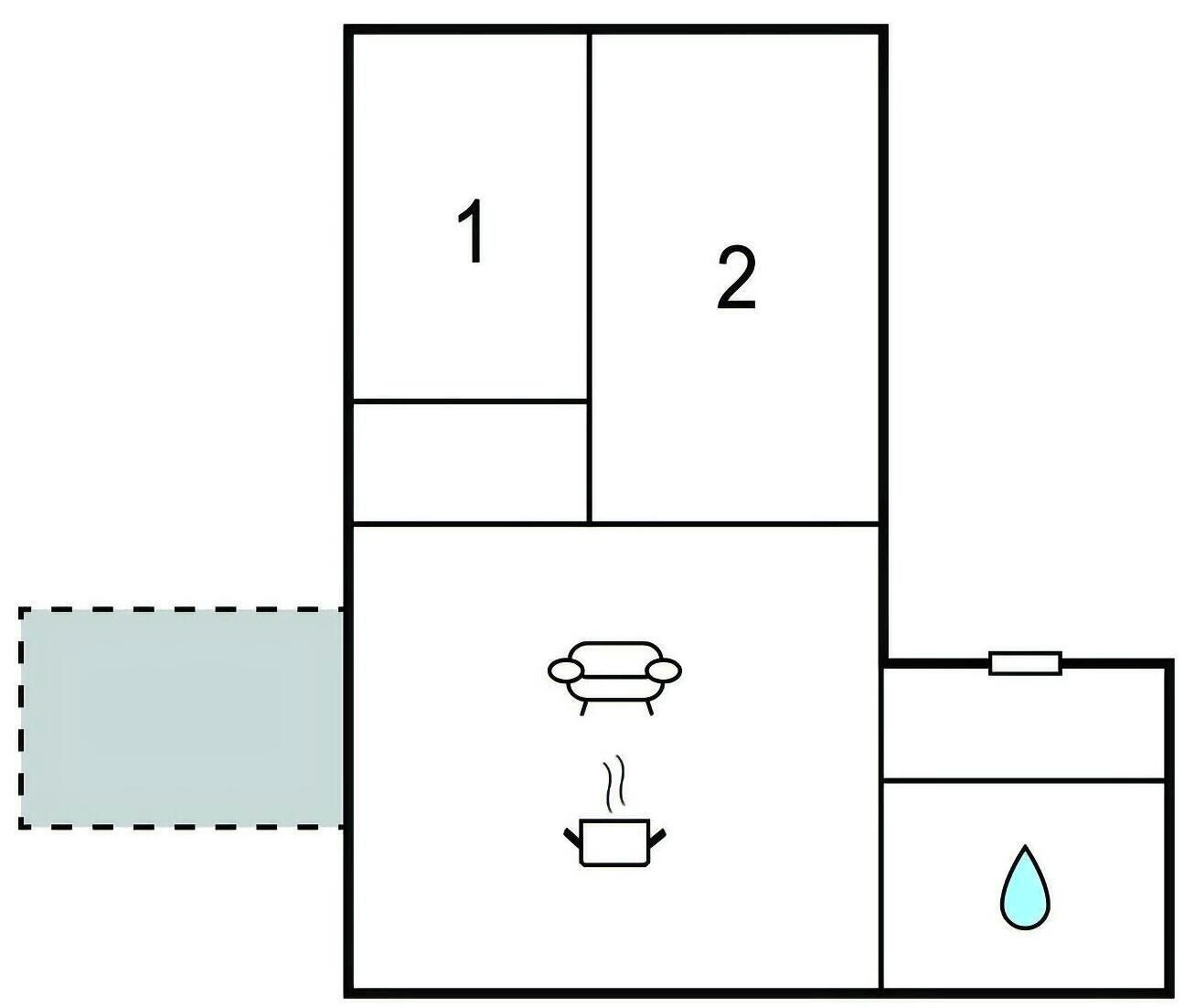 Een plattegrond met twee kamers, genummerd 1 en 2, een badkamer met douche, wastafel en toilet, plus een fontein.
