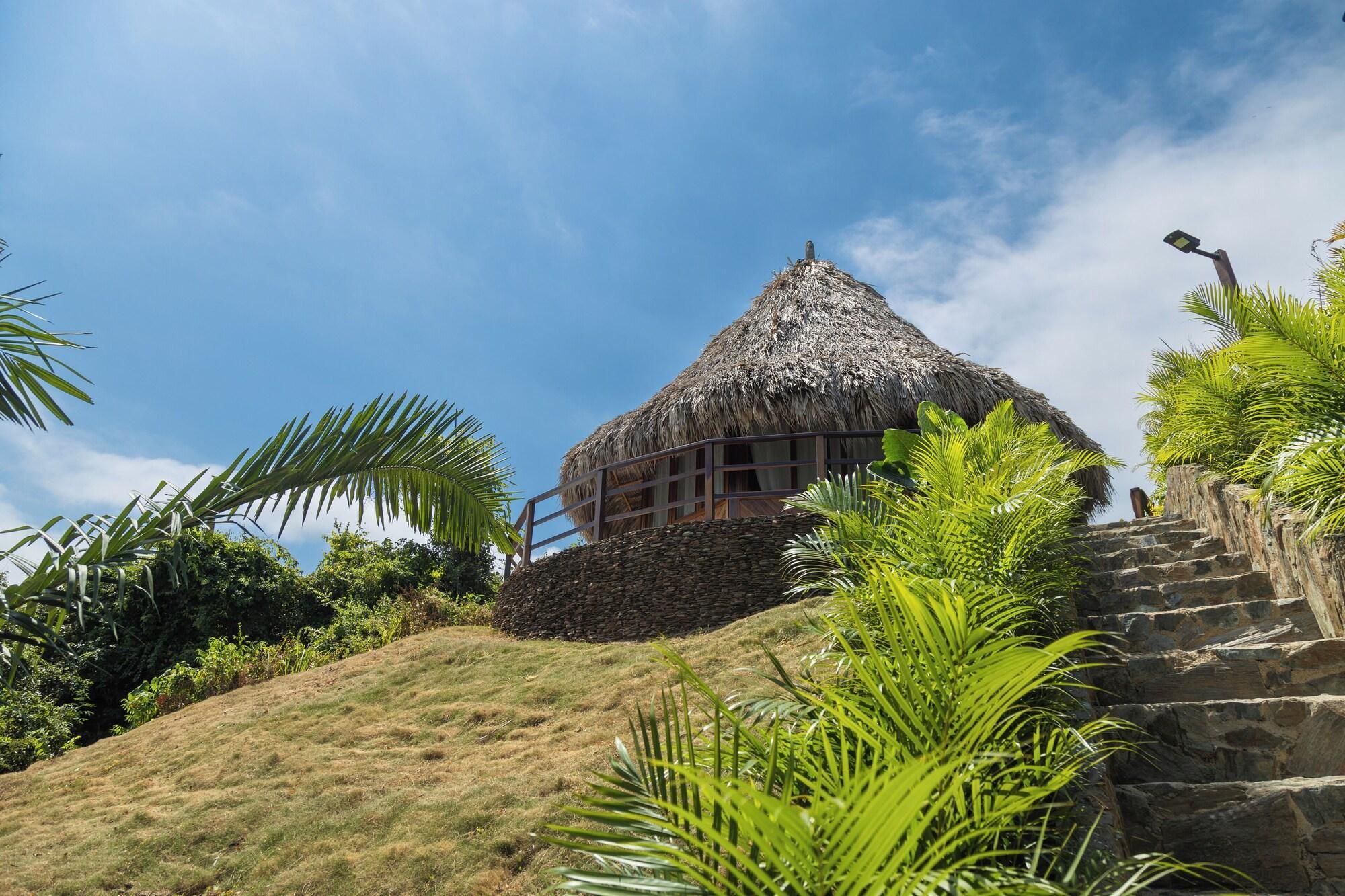 A thatched-roof building with a stone staircase leading up to it, surrounded by lush greenery.