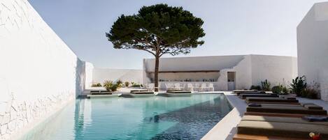 A modern pool area with clear blue water, lounge chairs, and a large tree.