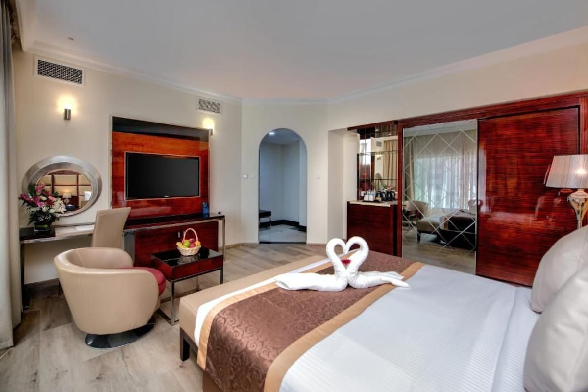 A hotel room with a large bed, a TV, a desk with a chair, and a mirror.