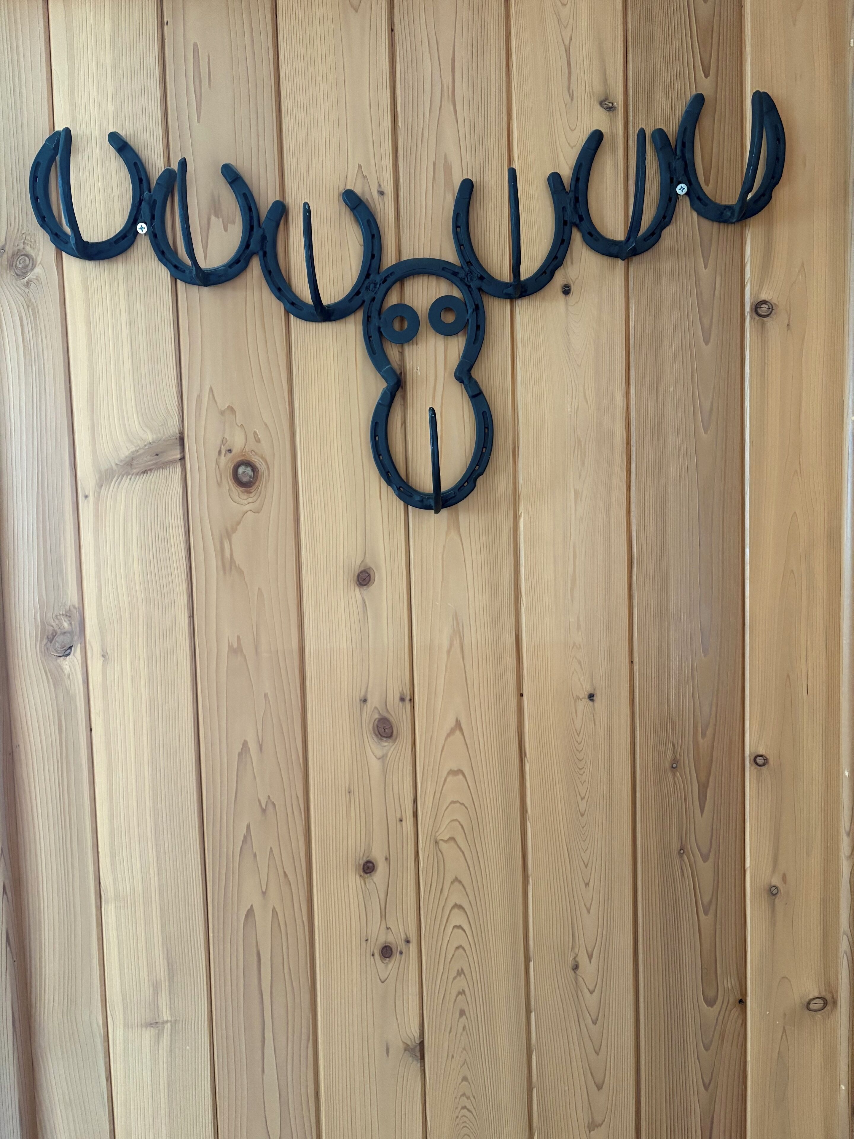 A wooden wall with a black metal wall hook mounted on it.
