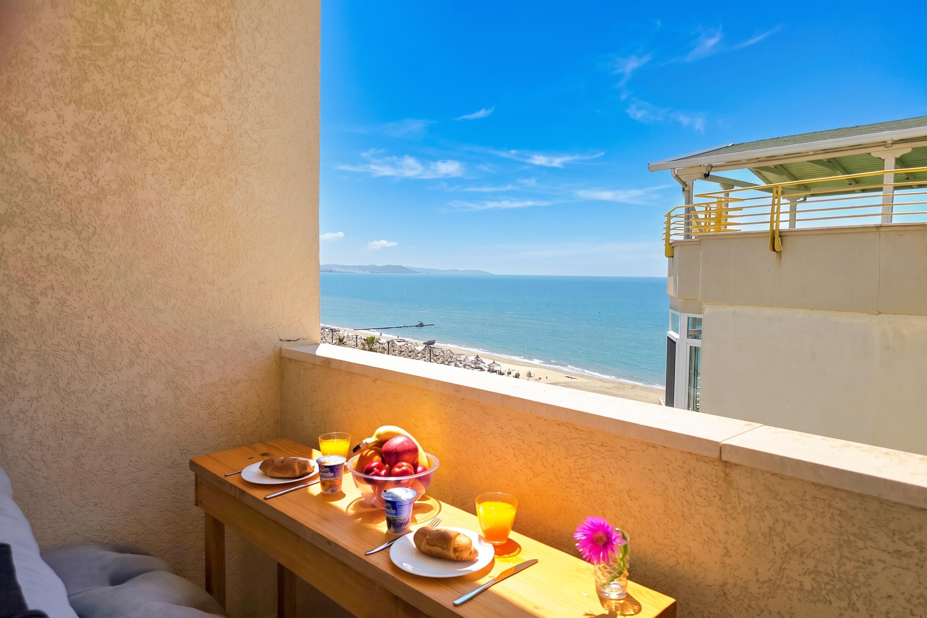 A balcony with a breakfast setup overlooking a beach and the sea.