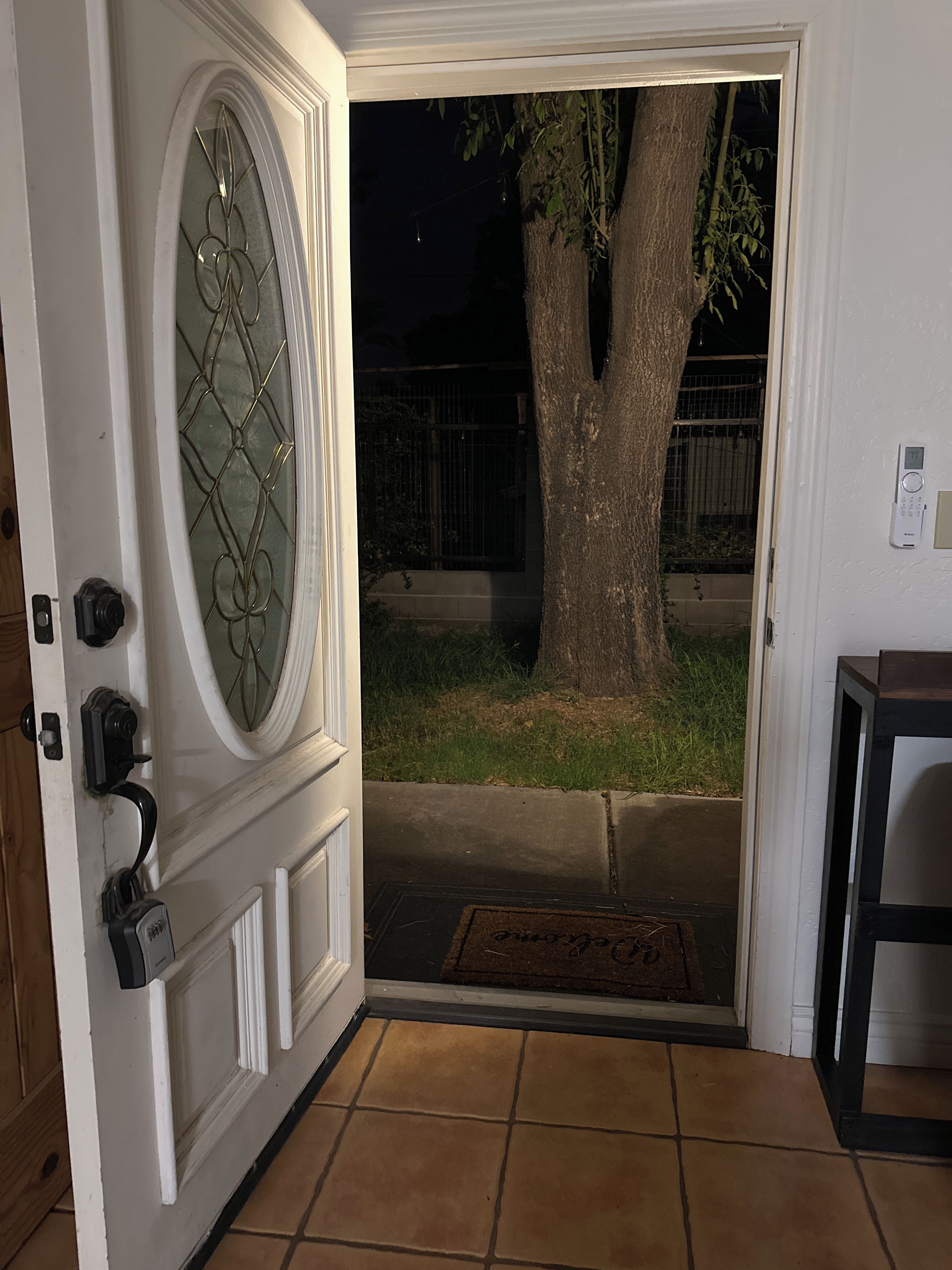 A residential entrance with a door, a tree, and a security keypad.