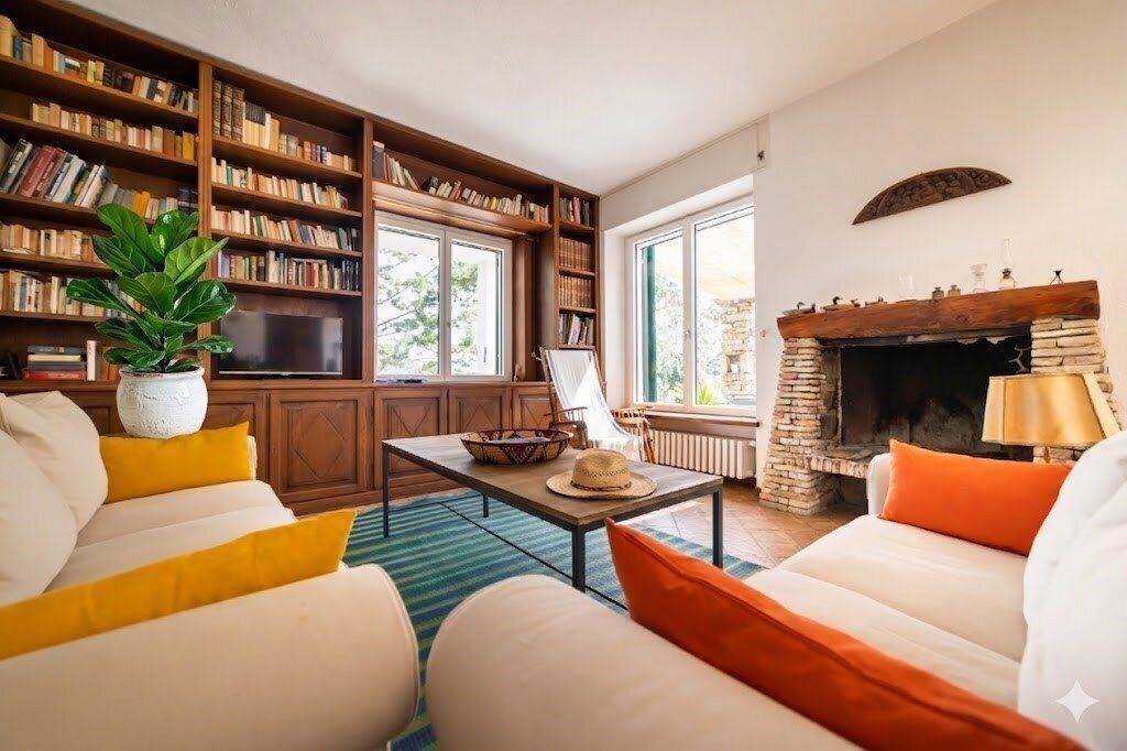 A living room with a fireplace, bookshelves, a sofa, and a coffee table.