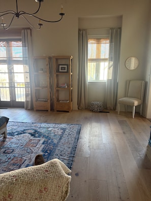 Une pièce spacieuse avec un grand plancher en bois, un tapis à motifs, une bibliothèque en bois, une fenêtre avec des rideaux, une horloge murale ronde et une chaise.