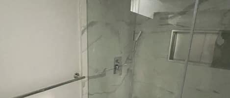 Hair dryer, towels, soap, toilet paper