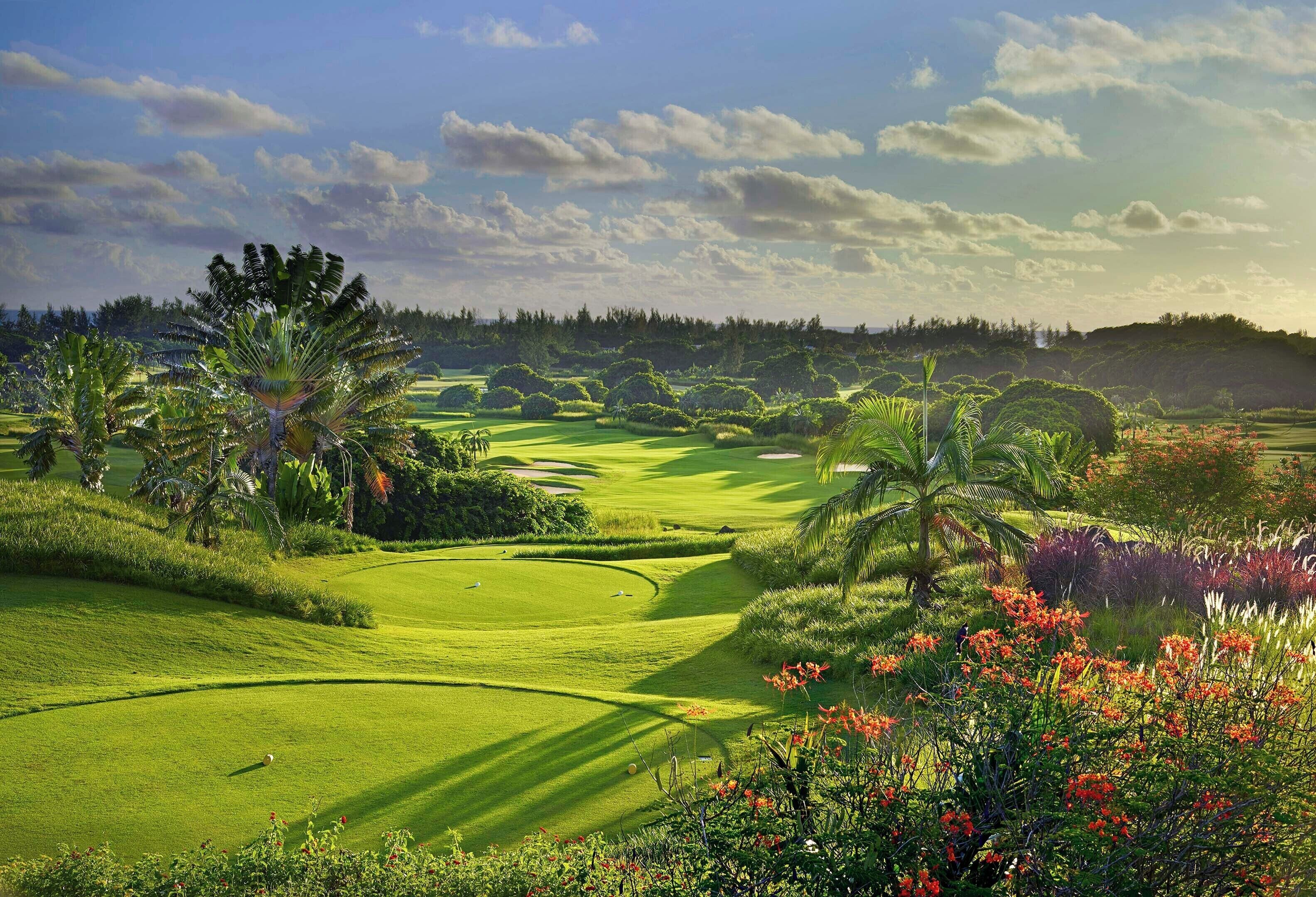 Un parcours de golf avec une pelouse parfaitement entretenue, des palmiers et des plantes en fleurs.