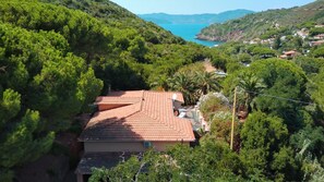 Ein Haus mit rotem Ziegeldach, umgeben von üppigen, grünen Bäumen, mit Blick auf die Küste.