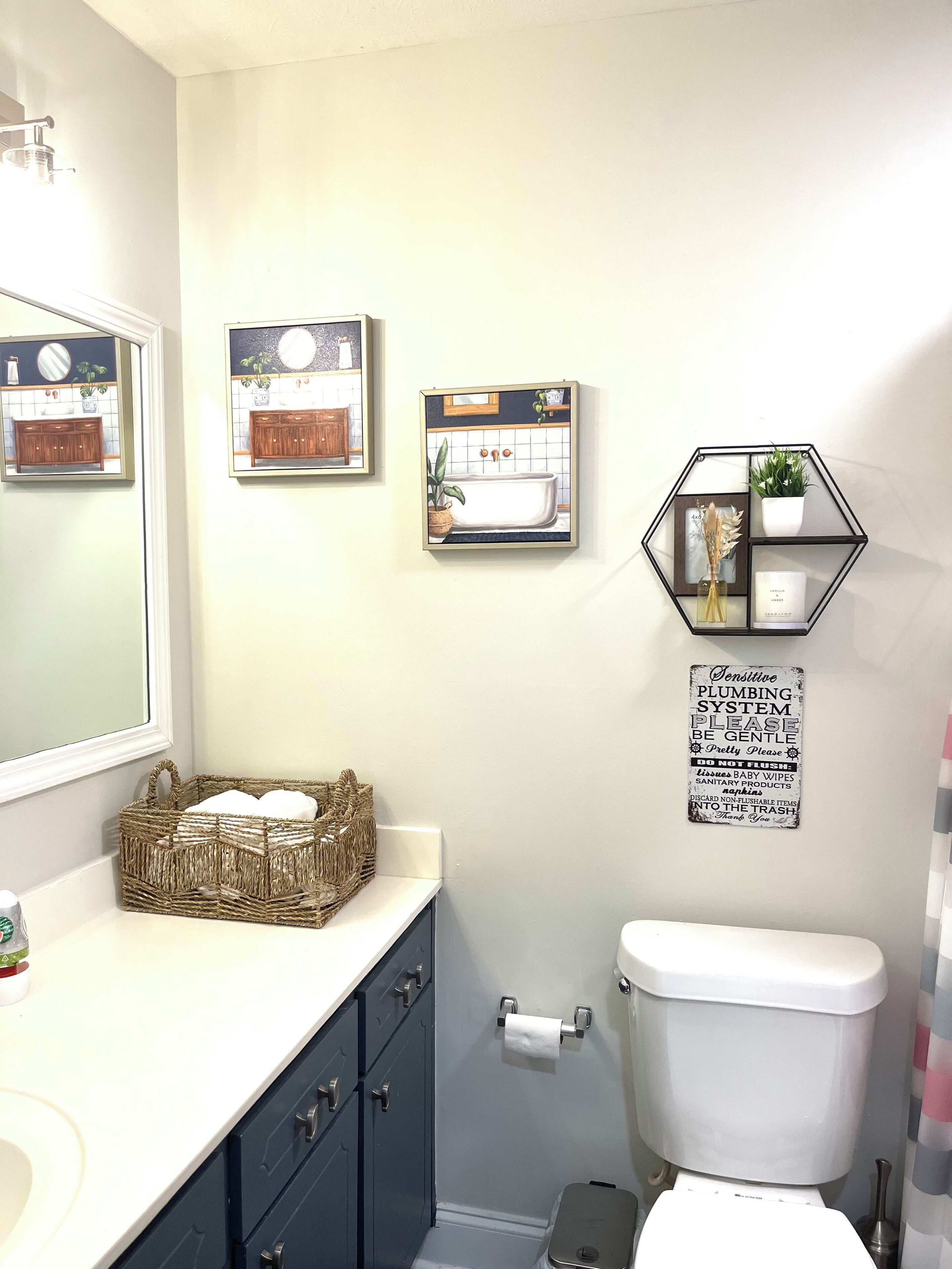 A bathroom with a white sink, dark cabinets, a toilet, and a shower curtain. There are framed pictures on the wall and a sign about plumbing.