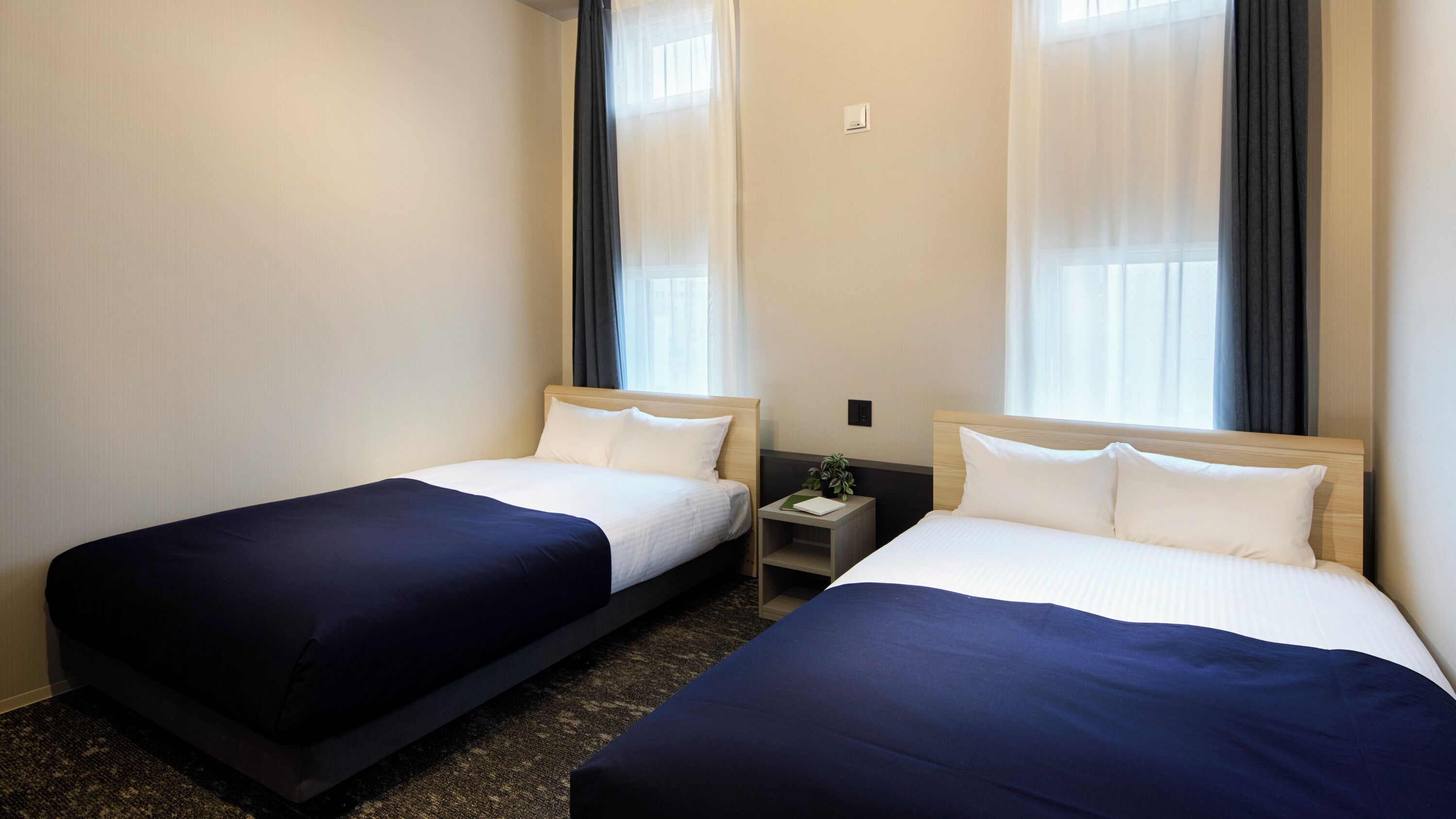 A hotel room with two single beds, a small bedside table with a plant, and a window with curtains.