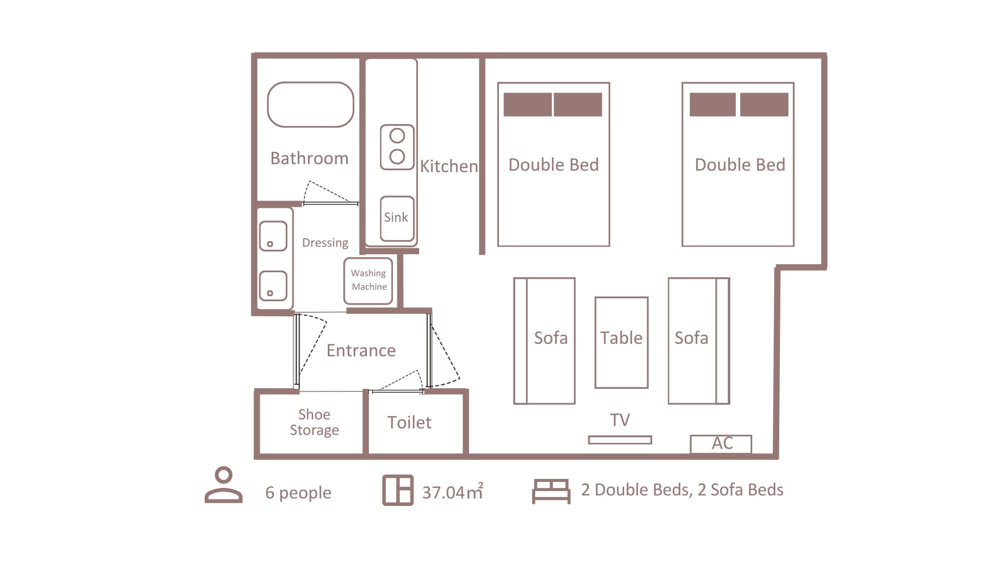 Plan d’étage d’un logement pouvant accueillir 6 personnes, comprenant 2 lits doubles, 2 canapés-lits, une cuisine, un coin repas avec télévision et climatisation, une salle de bain, un espace vestiaire, un lave-linge, un évier, des toilettes et un espace pour ranger les chaussures.