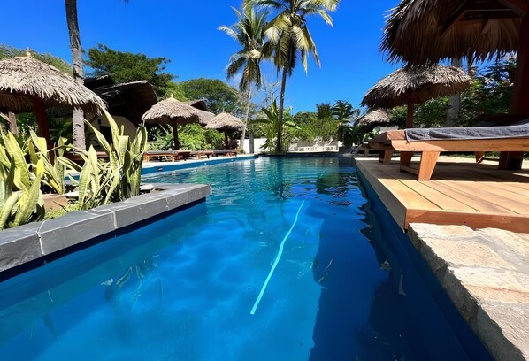 A clear blue pool with wooden deck loungers and thatched umbrellas, surrounded by tropical vegetation.