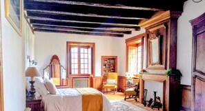 Une pièce comprenant un lit, une chaise, une bibliothèque, un miroir et une cheminée.