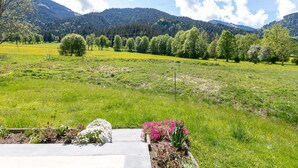 A scenic landscape with a meadow, trees, and mountains in the background. - Alpine Holiday Apartment with Balcony (Söll)