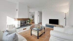 A modern living room with a fireplace, a flat-screen TV, and a sofa. - Casa Di Bea - Lugano 1BR With Terrace & Parking (Lugano)