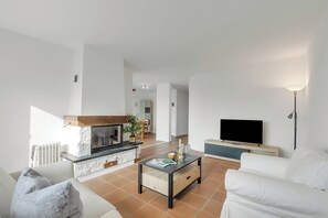 Ein modernes Wohnzimmer mit Kamin, Flachbildfernseher und Sofa.