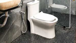 A modern bathroom with a marble vanity, a toilet, and a glass-enclosed shower area.