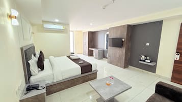 Desk, laptop workspace, blackout curtains, free WiFi