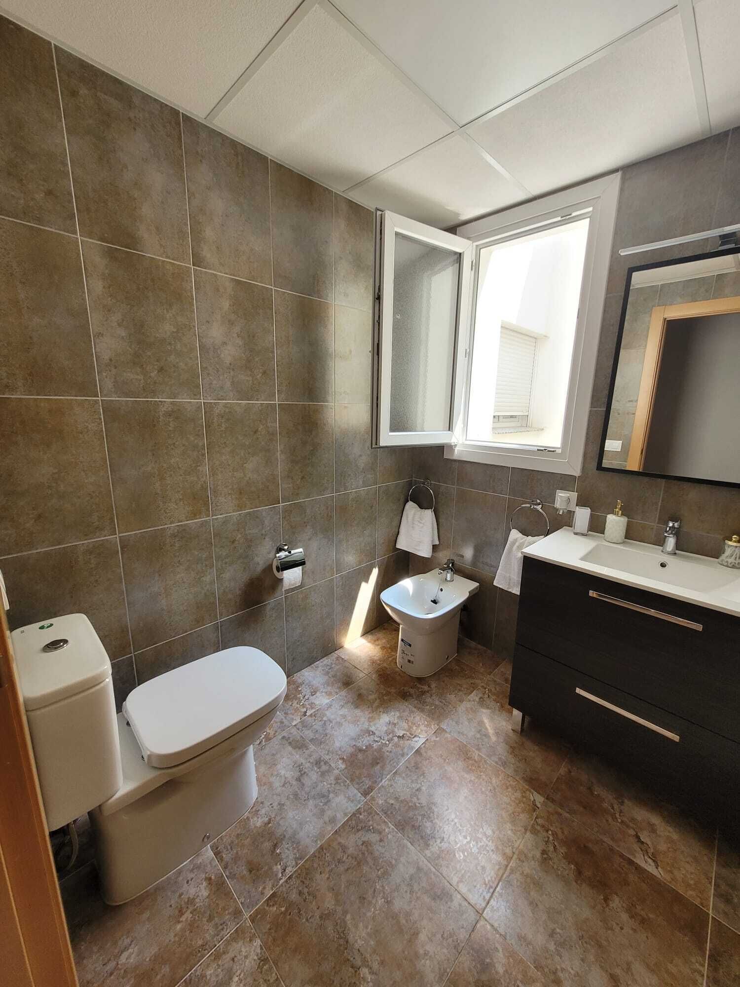 Hair dryer, bidet, towels, soap