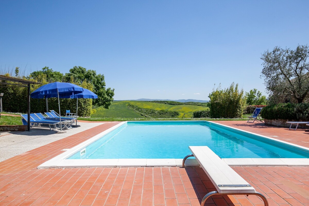 A rectangular swimming pool with a white edge, surrounded by red-tiled flooring. There are blue lounge chairs and a blue umbrella on the left side.
