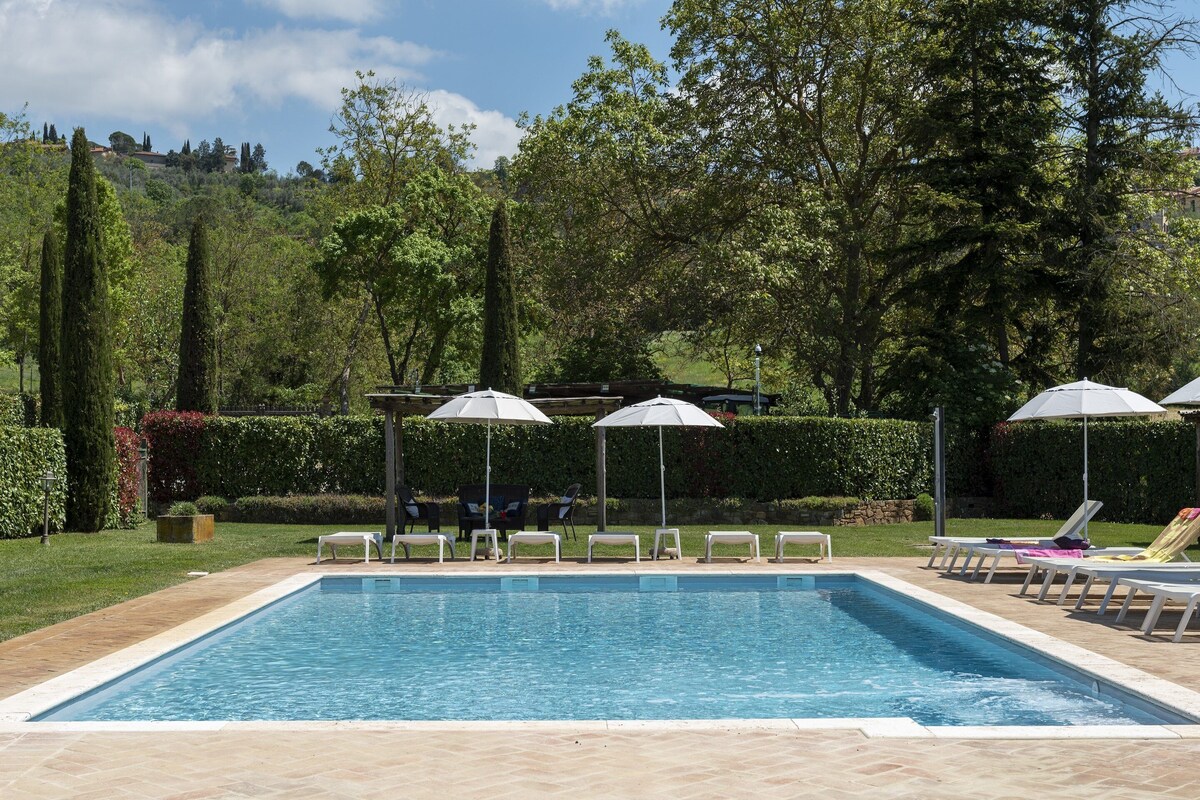 Ein rechteckiger Pool mit gefliestem Sonnendeck, umgeben von Liegestühlen und Sonnenschirmen.
