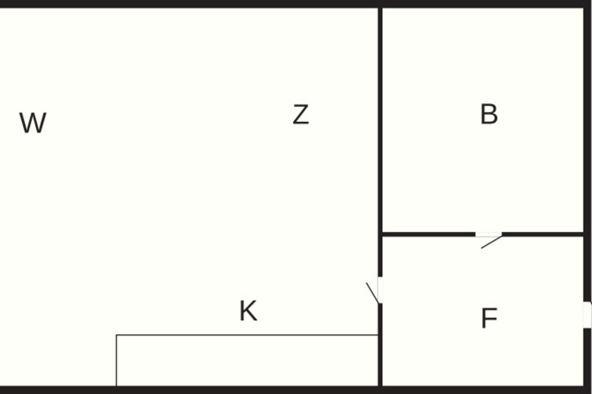 Ein Grundriss mit den bezeichneten Räumen W, Z, B, K und F.