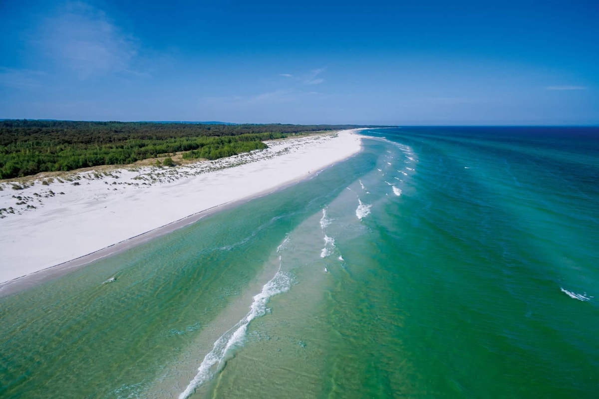Eine Vogelperspektive zeigt einen Strand mit klarem türkisblauem Wasser, weißem Sand und einem bewaldeten Ufer im Hintergrund.