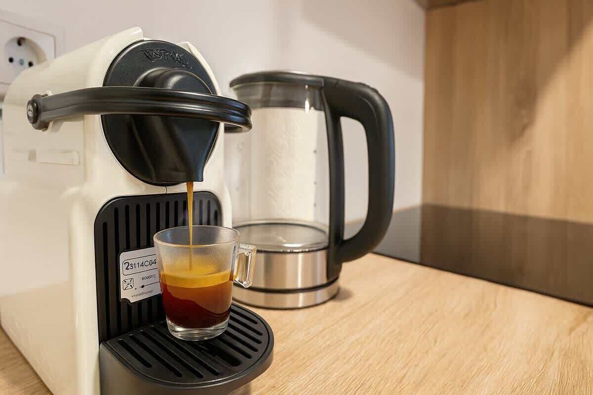 A coffee maker dispensing coffee into a glass cup on a kitchen counter.