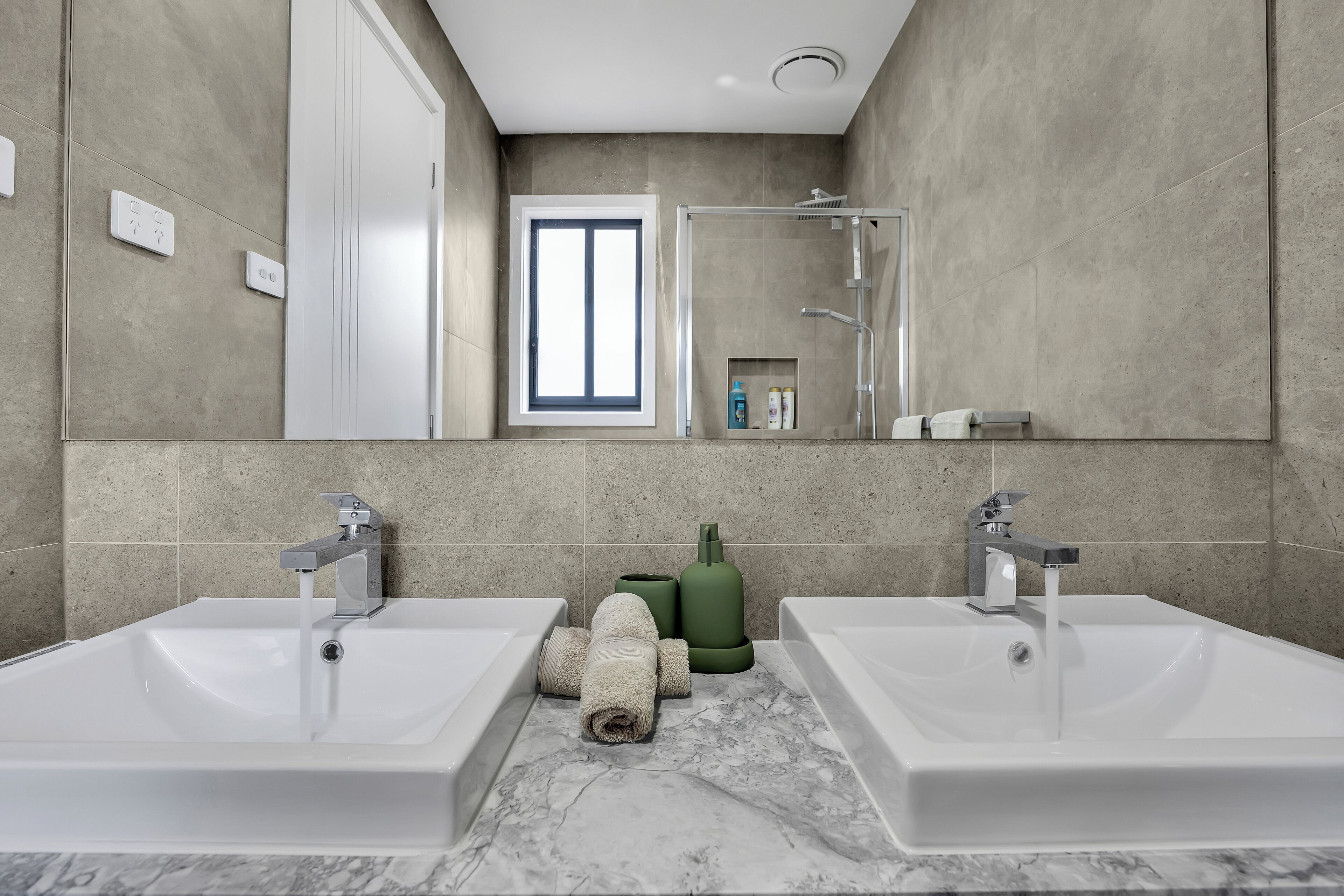 Shower, towels, soap, toilet paper